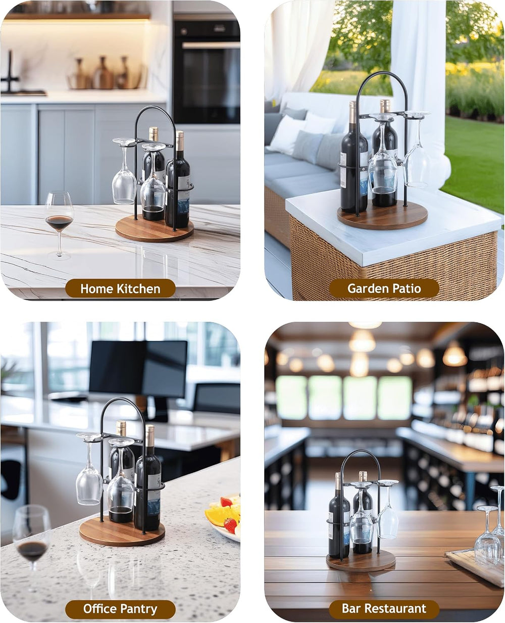 Wine Bottle and Glass Holder for Countertop | Small Wine Rack for 2 Bottles &...