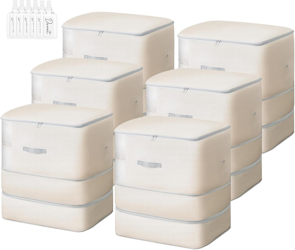 Comforter Storage Bag - 130L Large Capacity Blanket Storage Bags 3-Layer Ultra Space Saving Self Compression Organizer, Washable Compression Bags for Storage Comforter Blanket, 6-Pack, Beige