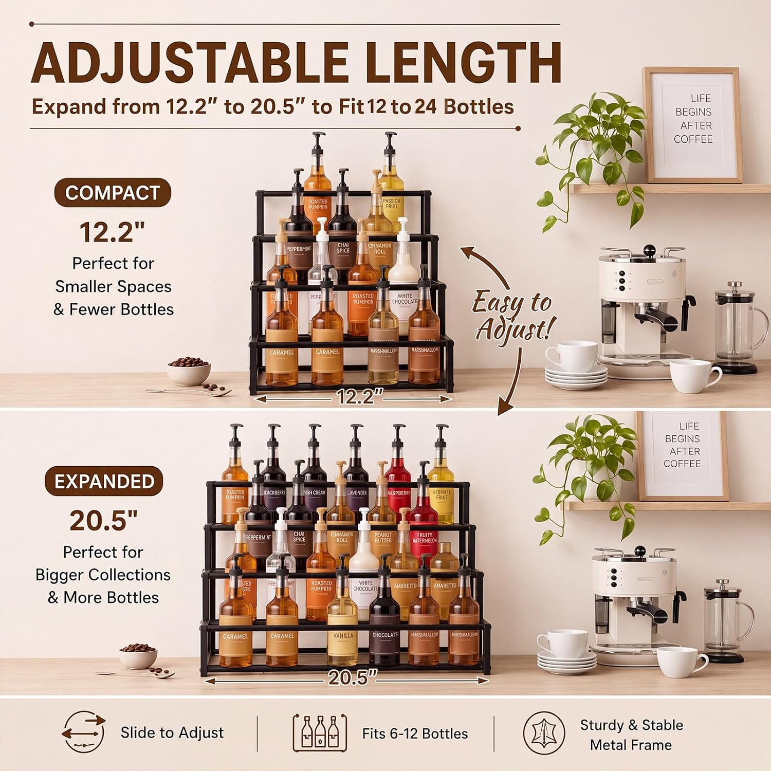 Flutesan Expandable 4-Tier Coffee Syrup Organizer 12.2-20.5 Inch Heavy Duty Coffee Syrup Rack for 12-24 Bottles Width Adjustable Liquor Bottle Display Shelf Bottles Holder Stand for Bar Accessories