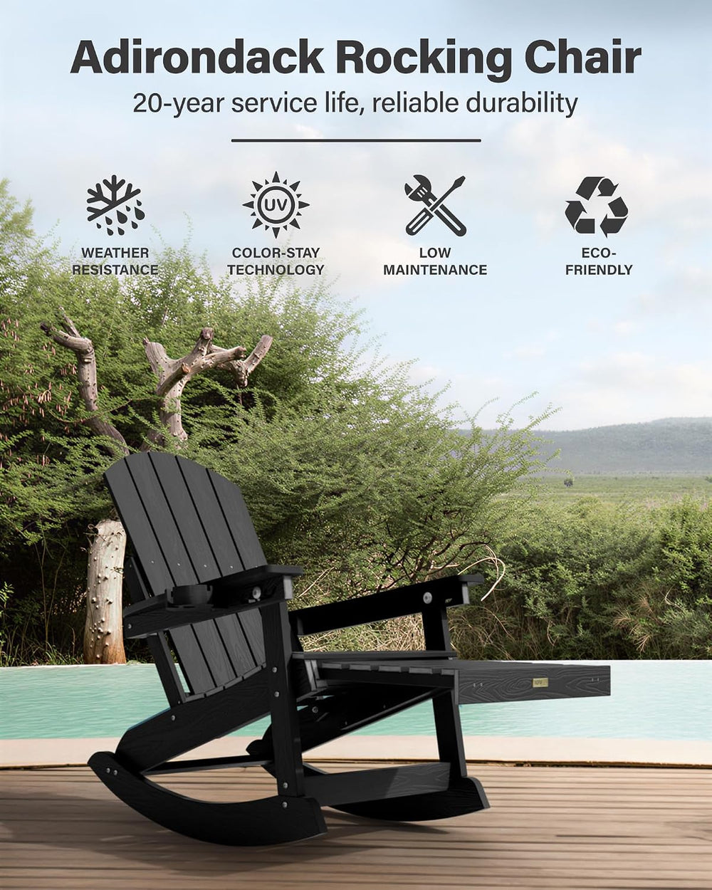 YEFU Adirondack Rocking Chairs Set of 2, with Footrest, 5-Level Adjustable