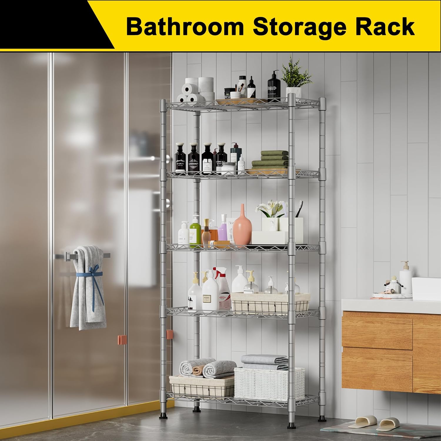 GIOTORENT 5-Wire Garage Shelving Storage Shelves, Kitchen Storage Adjustable Shelf, Metal Shelves 500Lbs Capacity 21" L x 11.8" W x 53.8" H for Laundry Bathroom Pantry Closet, Grey