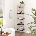 Axeman 5-Tier Ladder Bookcase, Tall Narrow Bookshelf for Small Spaces, Modern Book Storage Organizer Case Open Shelves for Bedroom, Living Room, Office, Library, Gold Metal Frame and Blakc Shelf