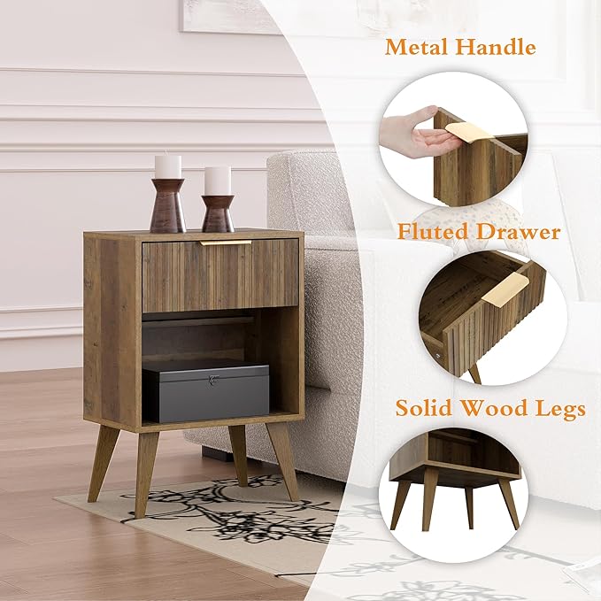 Fluted Night Stand with Opening Storage,Mid Century Bedside Table with Drawer...
