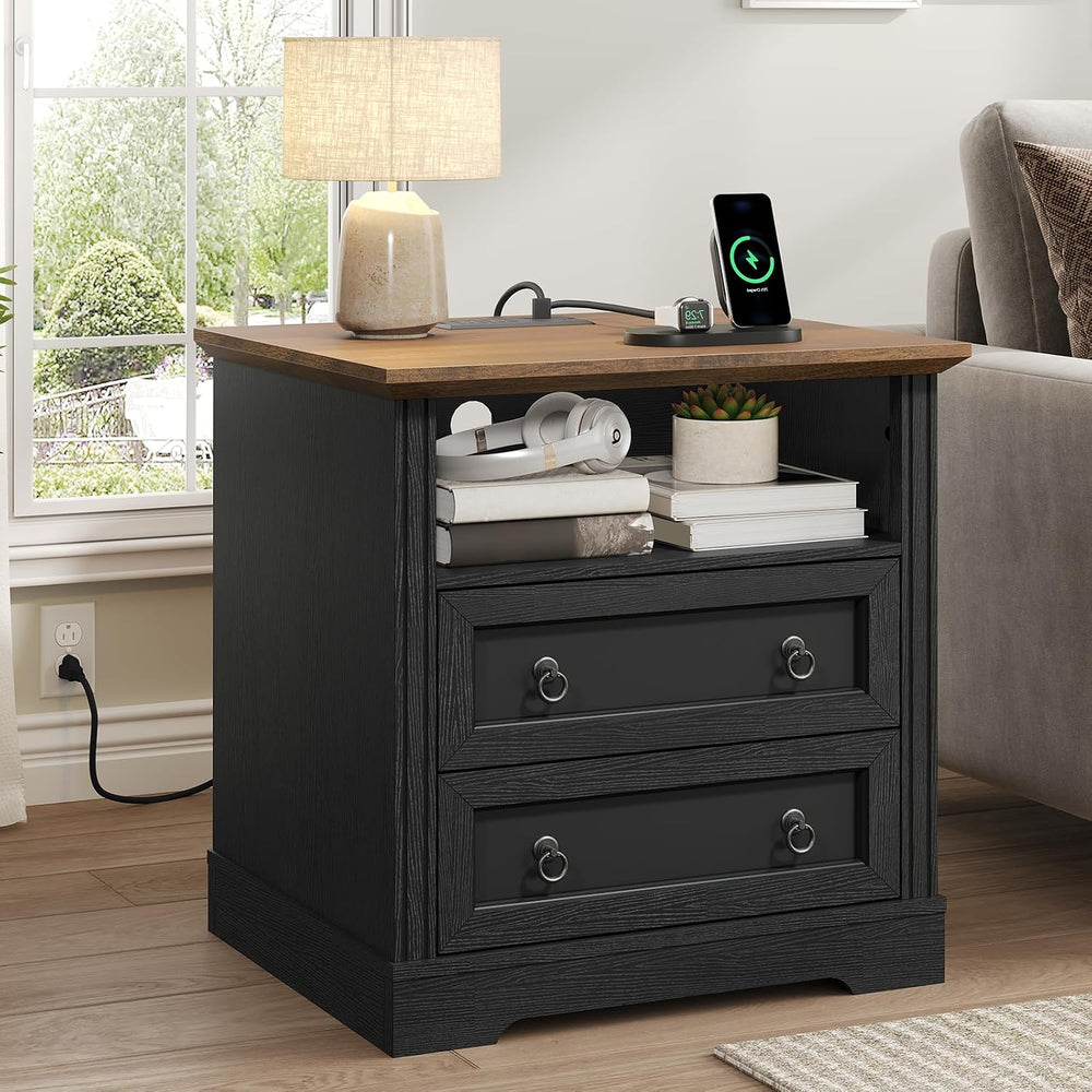 Farmhouse Nightstand with Charging Station, Wooden Bedside End Table with 2 D...