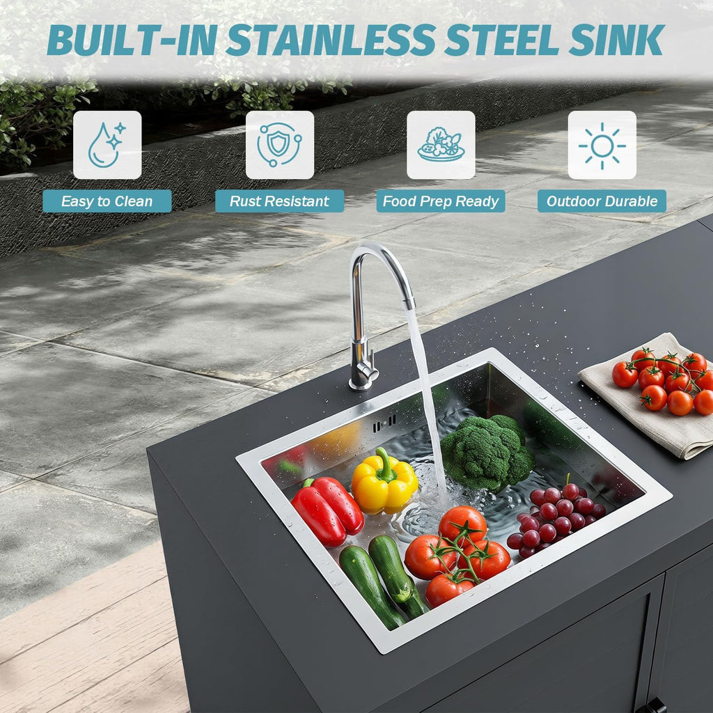 Domi Outdoor Kitchen Island with Sink, Aluminum Outdoor Kitchen Cabinet with Large Storage Space, Powder-Coated Weather Resistant Patio BBQ Prep Station with Drop-in Sink and Wide Countertop
