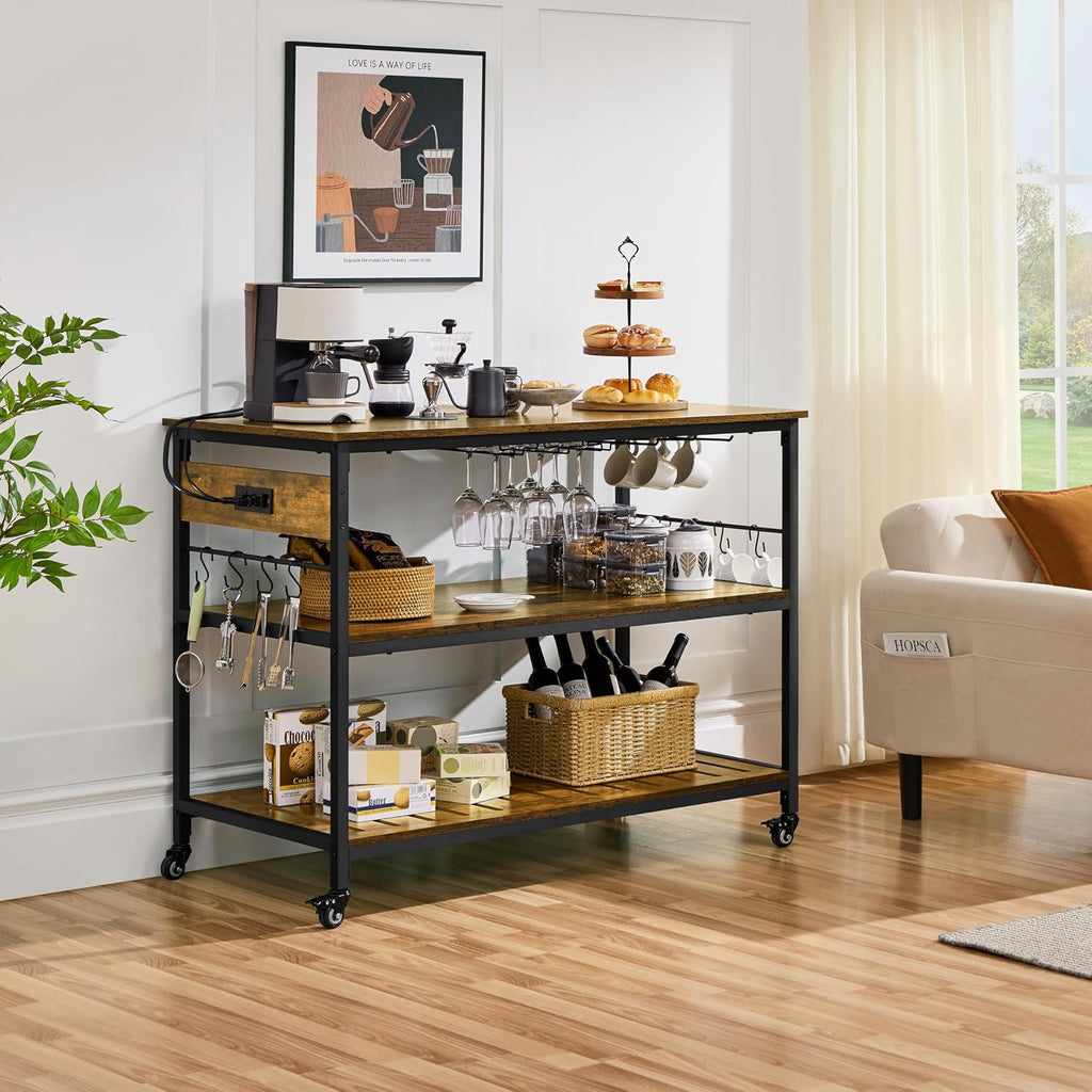 Yaheetech 47.5 Inches Kitchen Island with Storage, 3 Shelves, Rustic Brown | Rolling Kitchen Island With Power Outlet, Kitchen Island on Wheels with Wine Rack & Glass Holder & Hooks for Dining Room/Bar