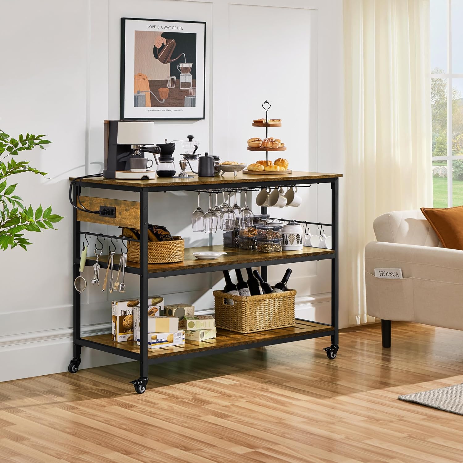 Yaheetech 47.5 Inches Kitchen Island with Storage, 3 Shelves, Rustic Brown | Rolling Kitchen Island With Power Outlet, Kitchen Island on Wheels with Wine Rack & Glass Holder & Hooks for Dining Room/Bar