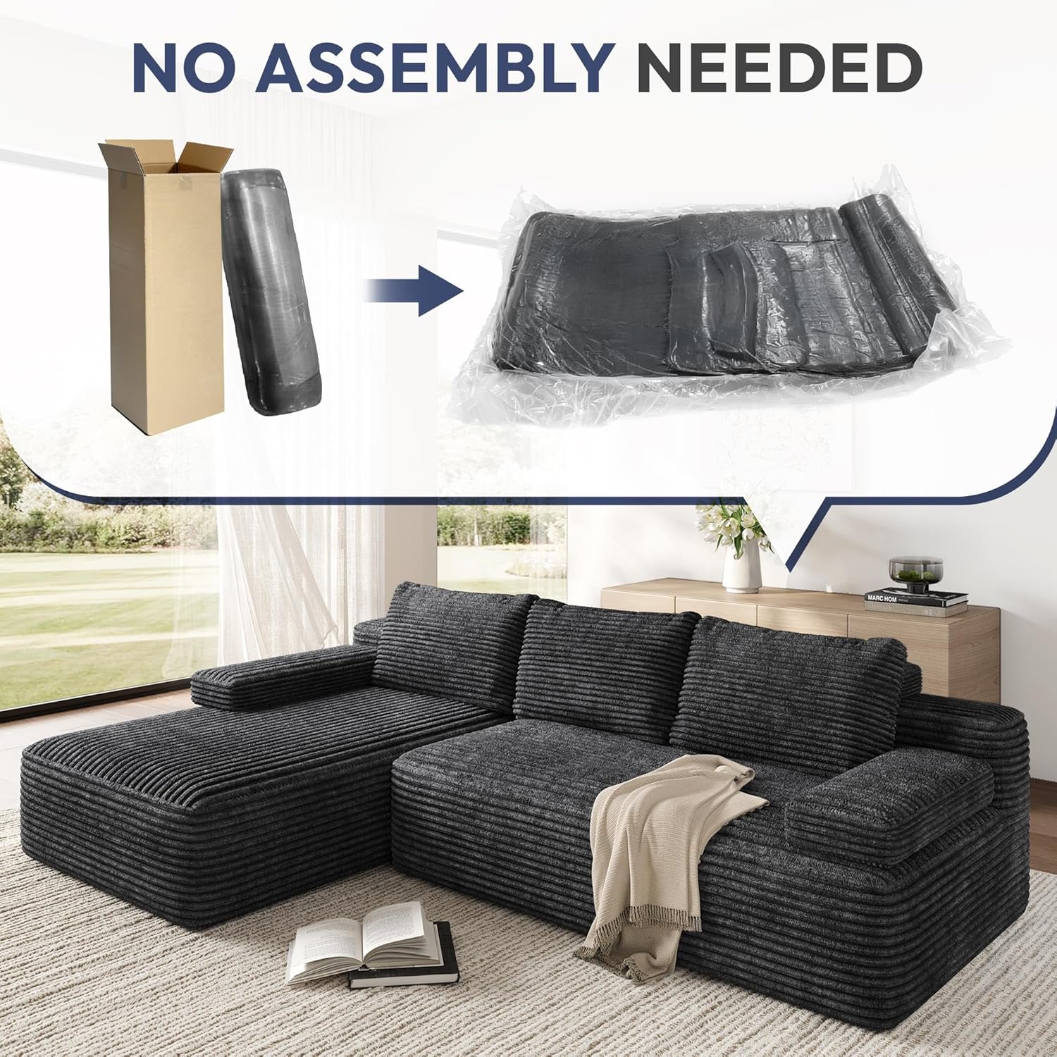 Yaheetech 110" Sectional Sofa Boneless Couch with Chaise, Dark Gray | Sectional Sofa Cloud Couch Corduroy Modular L-Shape Couch No Assembly Sofa with Detachable Pillow for Living Room Guest Room