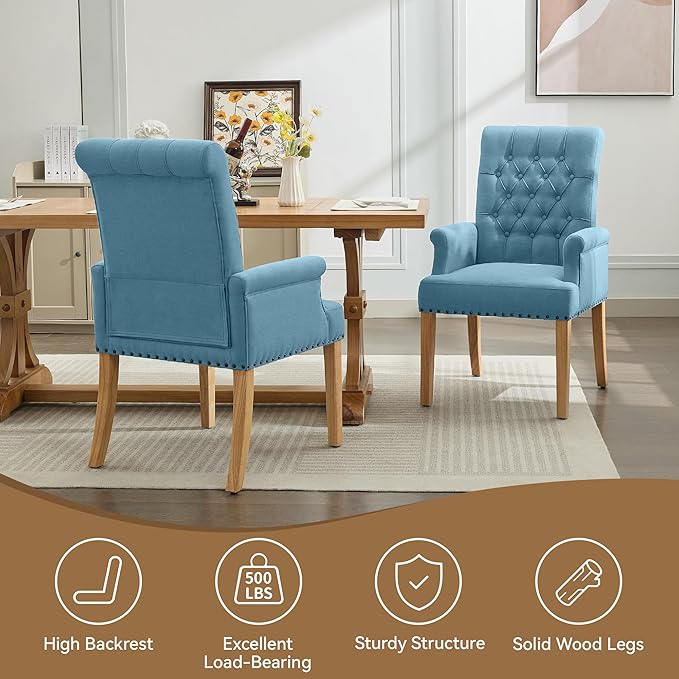 Fabric Dining Chair with Arms, Upholstered Tufted High Back Dining Room Chair...