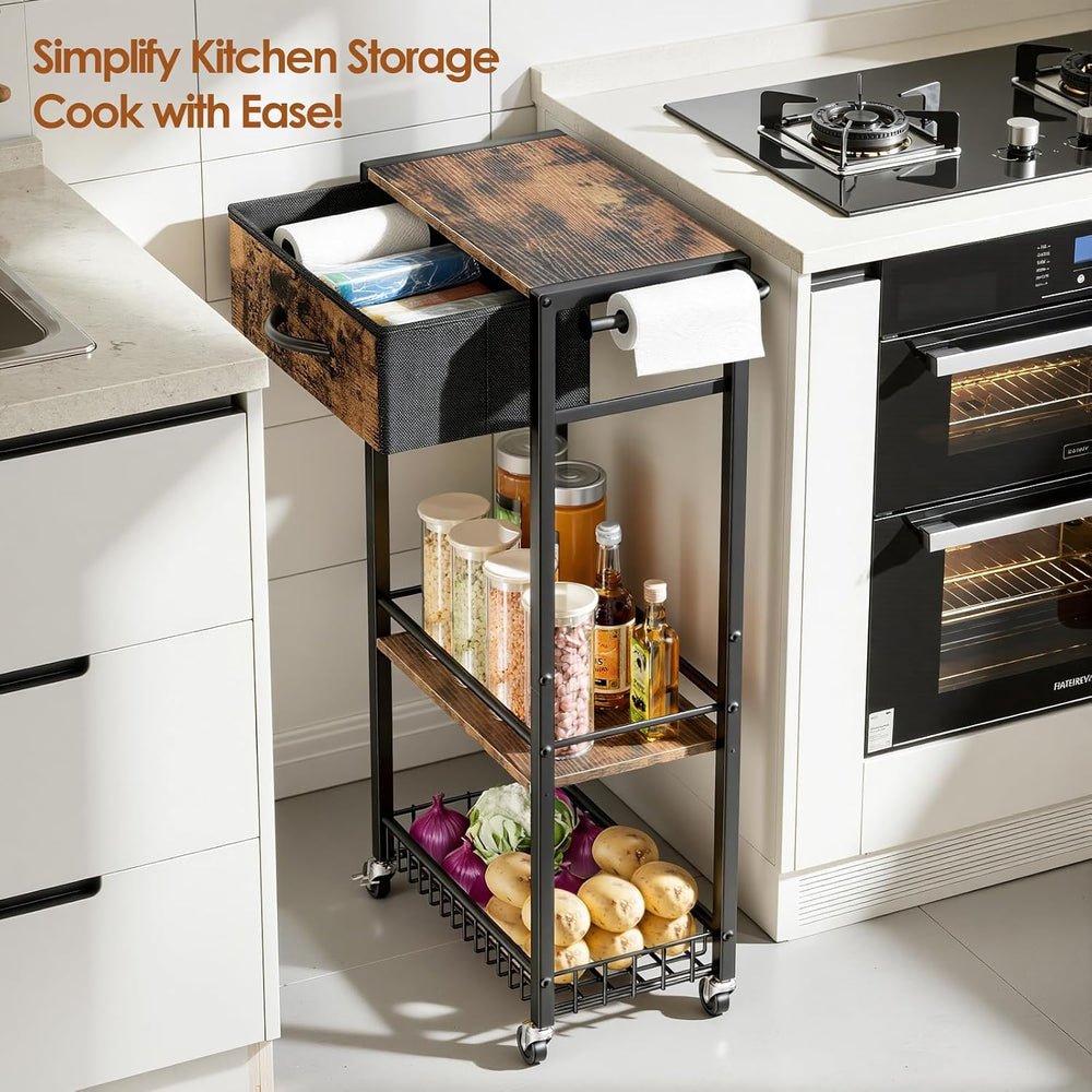 Lewondr 3-Tier Slim Storage Cart with Drawer, Rolling Utility Cart, Black | H...
