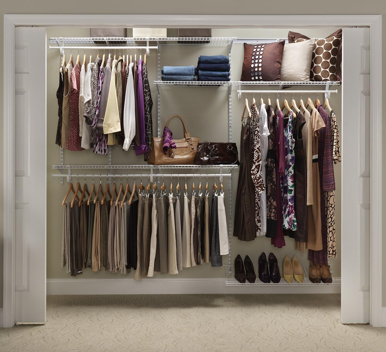 ClosetMaid ShelfTrack Wire Closet Organizer System, Adjustable from 5 to 8 Ft., with Shelves, Clothes Rods, Shoe Shelf, Hardware, Durable Steel, White