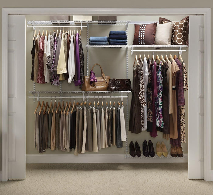 ClosetMaid ShelfTrack Wire Closet Organizer System, Adjustable from 5 to 8 Ft., with Shelves, Clothes Rods, Shoe Shelf, Hardware, Durable Steel, White