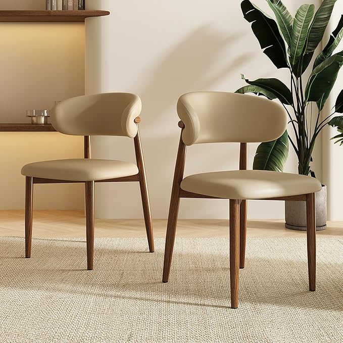 Dining Chairs Set of 2 for Kitchen Dining Table Mid Century Modern Farmhouse Upholstered Leather Dining Room Chairs with Metal Legs, Walnut Khaki