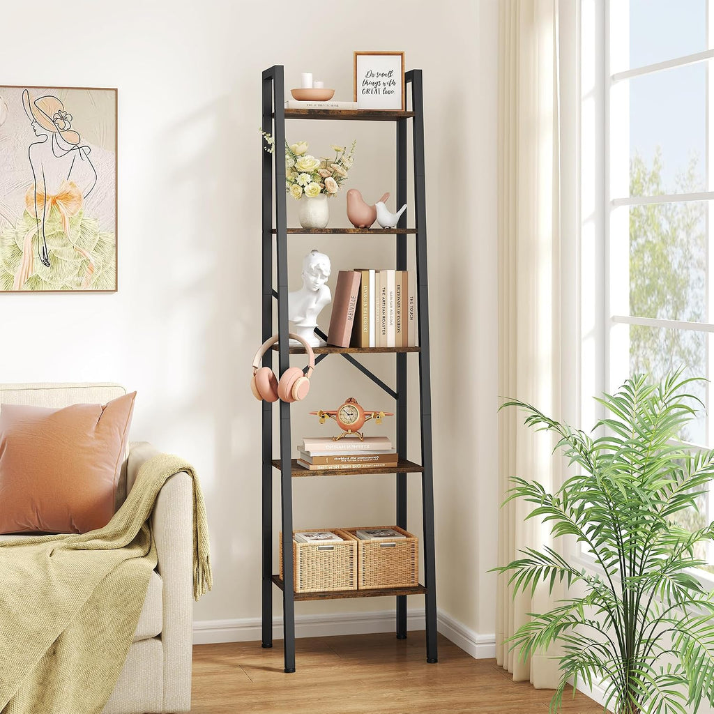 Hoctieon Industrial Ladder Bookshelf, Multifunctional Ladder Shelf, 5-Tier Tall Bookshelf, Open Ladder Shelf Bookcase, for Living Room, Home Office, Kitchen, Bedroom, Metal Frame, Rustic Brown