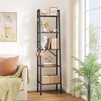 Hoctieon Industrial Ladder Bookshelf, Multifunctional Ladder Shelf, 5-Tier Tall Bookshelf, Open Ladder Shelf Bookcase, for Living Room, Home Office, Kitchen, Bedroom, Metal Frame, Rustic Brown