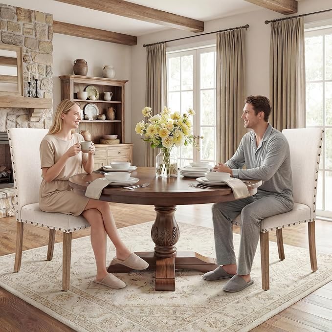 Upholstered Dining Chair Modern Stylish Parsons Kitchen Diner High Back with Bronze Nailhead Trim & Wood Legs, Set of 2, Beige