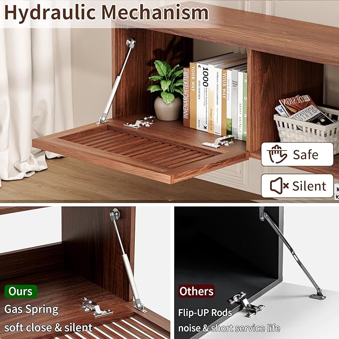 HOMMPA Floating TV Stand Wall Mounted for TVs 55'' to 80'', Floating Entertainment Center with Slatted Door Design, Mid Century Wall Mounted TV Stand for Livingroom, Walnut