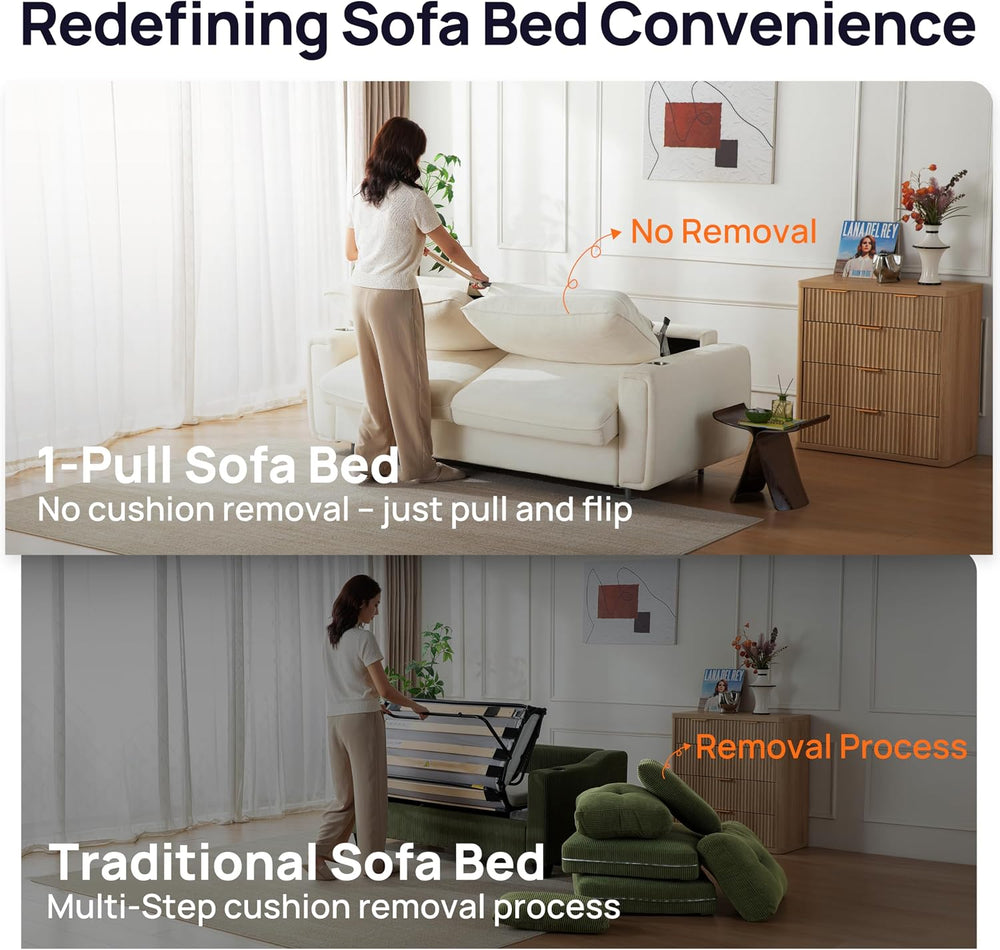 Pull Out Sofa Bed, No Cushion Removal, Queen Sleeper Sofa with USB Fast Charg...