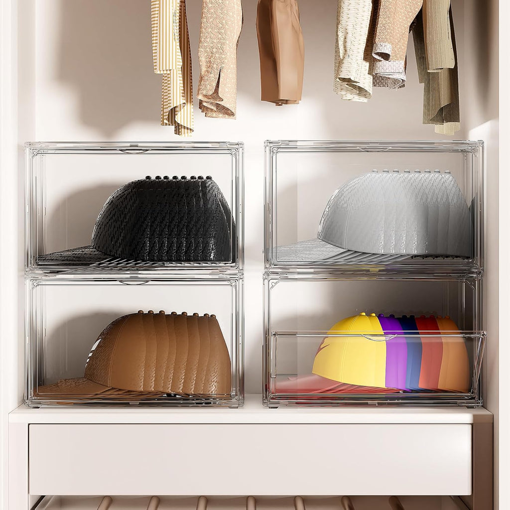 Hat Organizer Box, 2 Pack Hat Storage for Baseball Caps, Stackable Cap Hat Container Holder Rack with Magnetic Lids, Dustproof and Waterproof Acrylic Dispaly Case