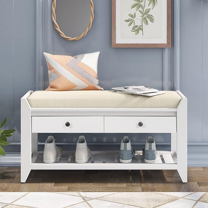 39″ Storage Bench with Cushioned Seat and Drawers,Multipurpose Wooden Entryway Ottoman,Hidden Compartment Organizing Shoe Rack,for Bedroom Hallway Porch,White