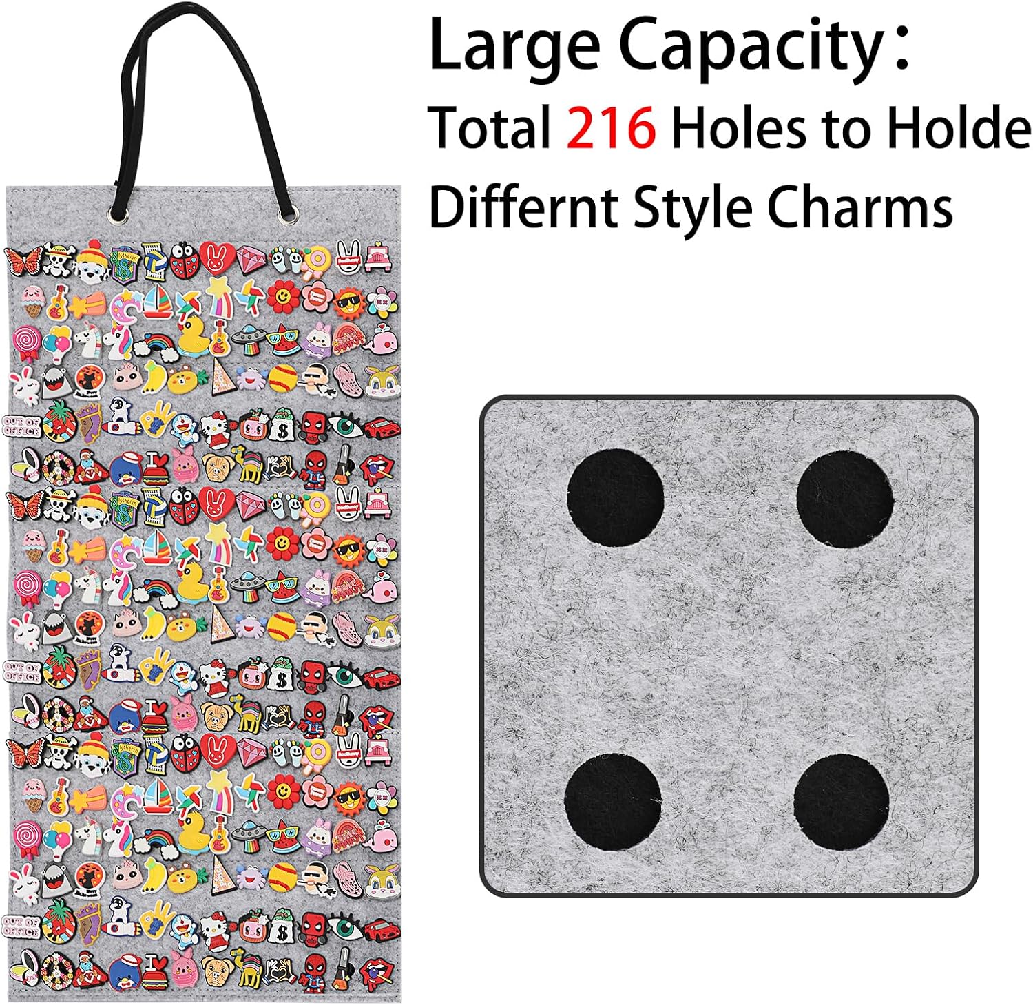 JUXYES Shoe Charms Organizer Wall Hanging Collection Holder with 216 Holes | Soft Felt Material, Easy to Categorize, Portable Decorative Croc Charms Display, Hanging Shoe Charms Storage Organizer, Gray