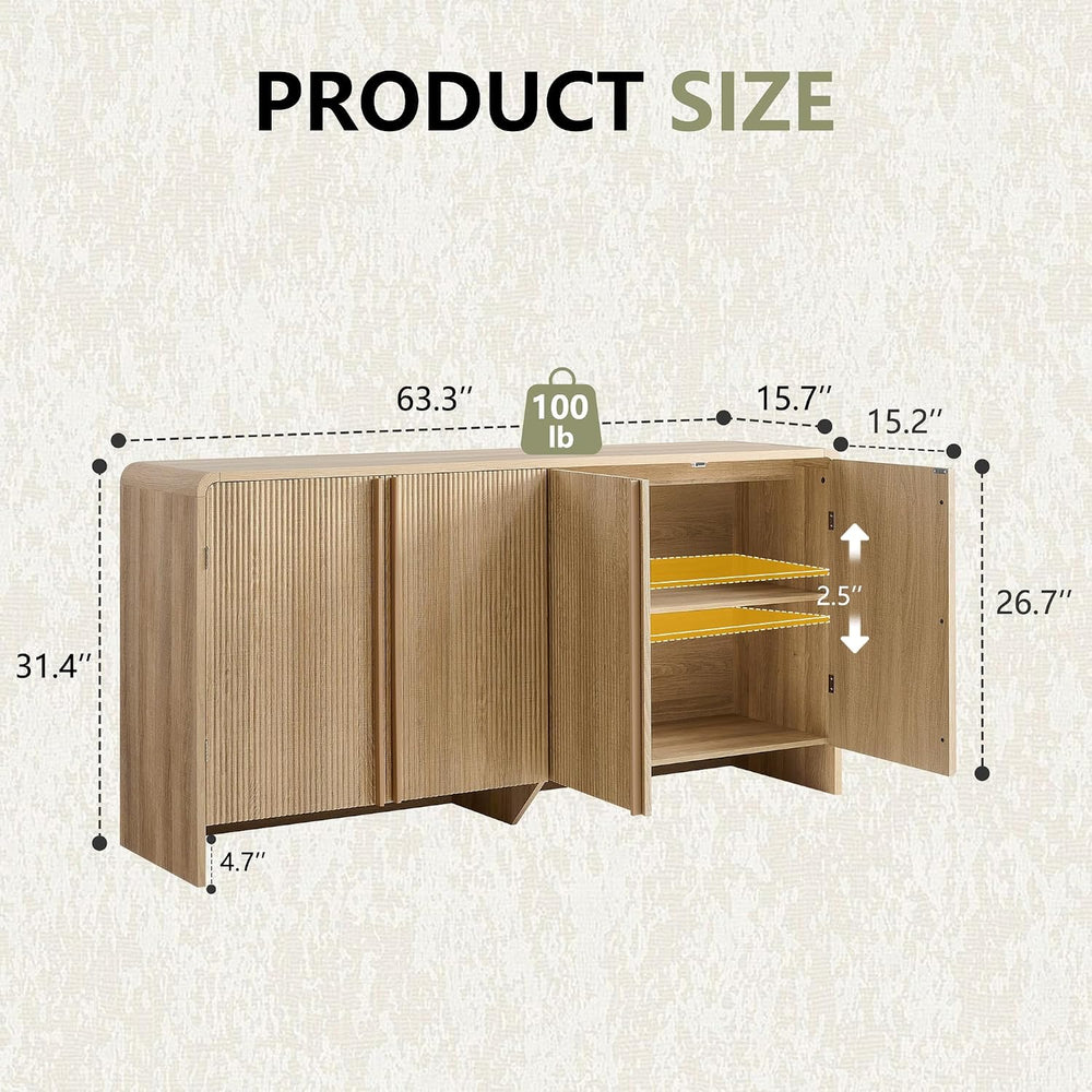 AMERLIFE 63" Fluted Sideboard Buffet Cabinet with Storage, Modern Creden...