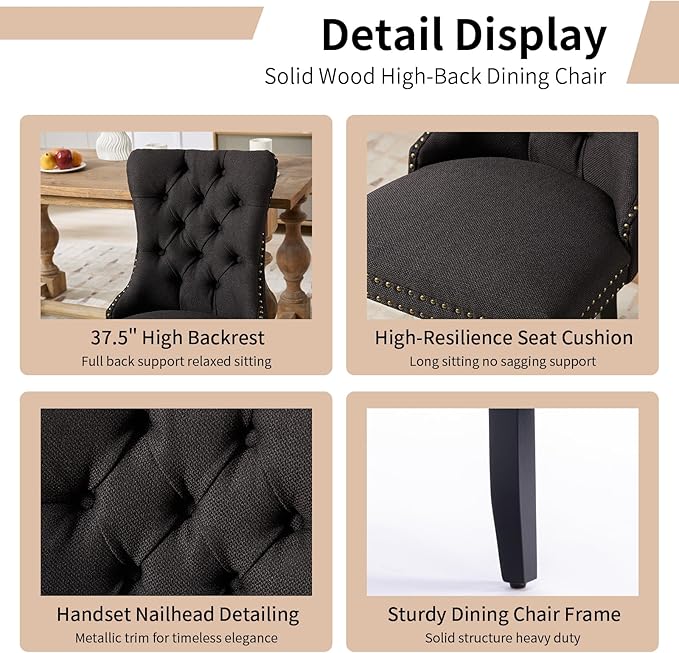 Modern Dining Chairs Set of 8, Tufted Upholstered Dining Chairs with Solid Wood Legs, Black Linen Fabric Kitchen Chair, Sillas de Comedor, Comfy Kitchen Chair (Black, Linen, 8Pcs)