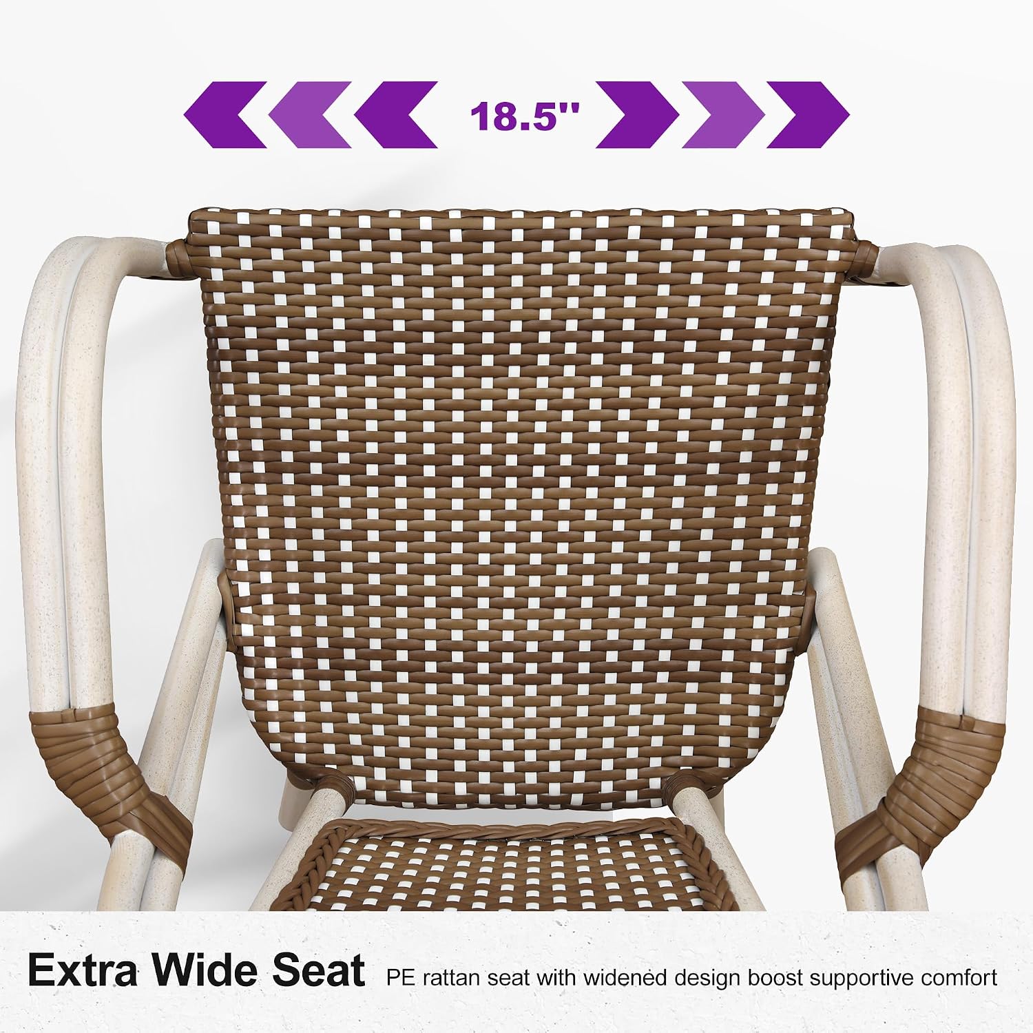 PURPLE LEAF Rattan French Bistro Armchairs Set of 2, White Finish, Brown | Paris Cafe Inspired Design, Supportive Seat for Comfort, Easy Move Aluminum Build, Easy Cleaning Less Hassle, Stackable