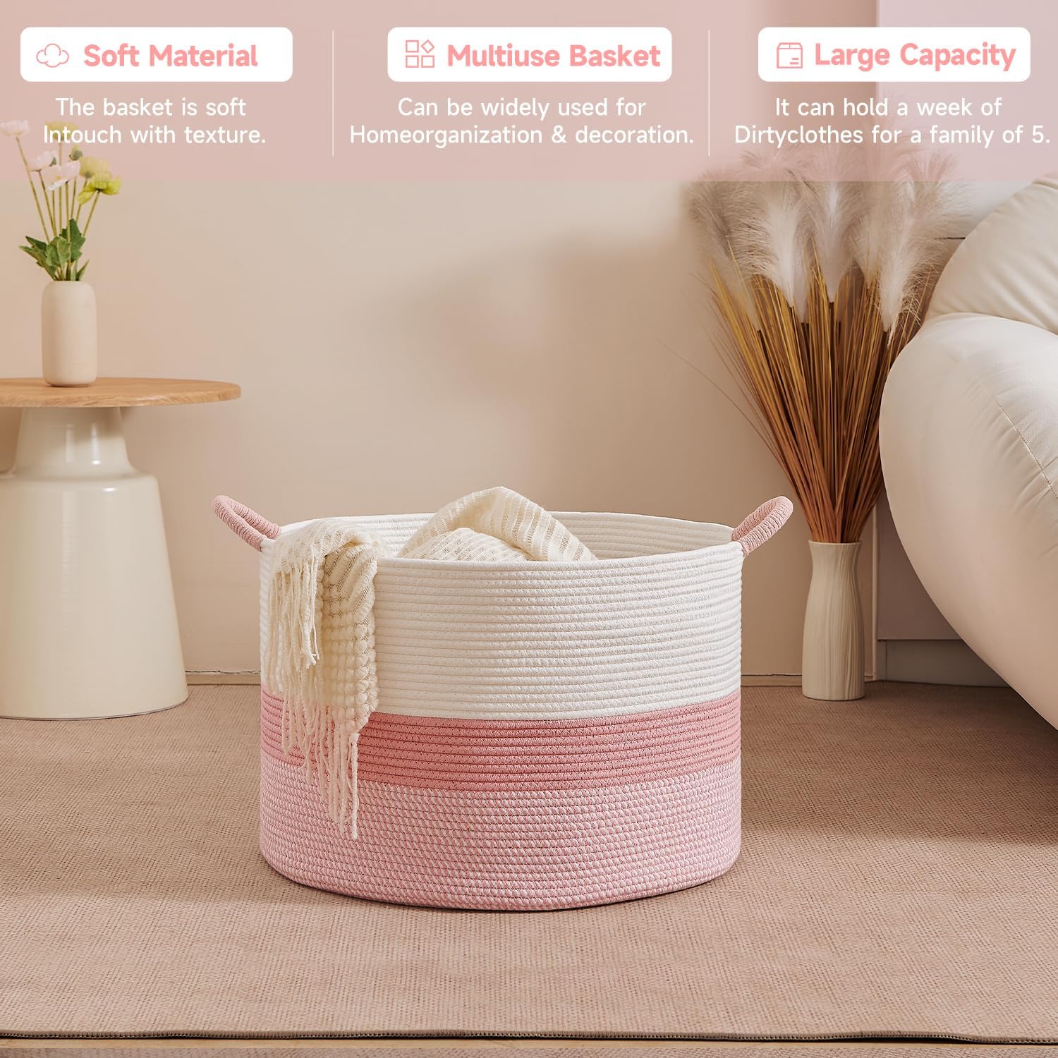 CLHMILY&Z Round Cotton Rope Storage Basket - 22x14.2 Inches - Cute Nursery Bin, Baby Toy Organizer, Pink Organizer for Home Decor, Multi-Purpose Home Tidy Solution