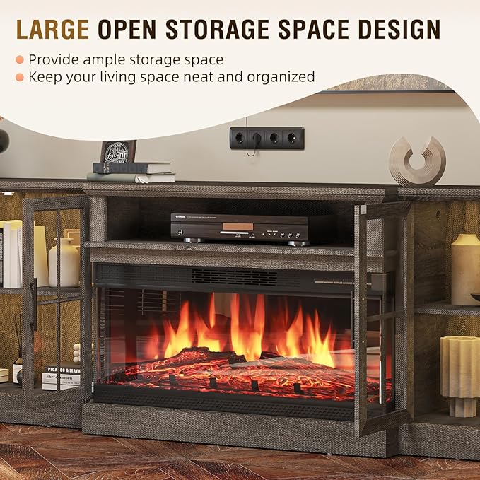 98" Farmhouse TV Stand with 36" Fireplace for TVs up to 100", Media Entertainment Center with Adjustable Shelves and Large Storage Cabinets, for Living Room, Gray & Black