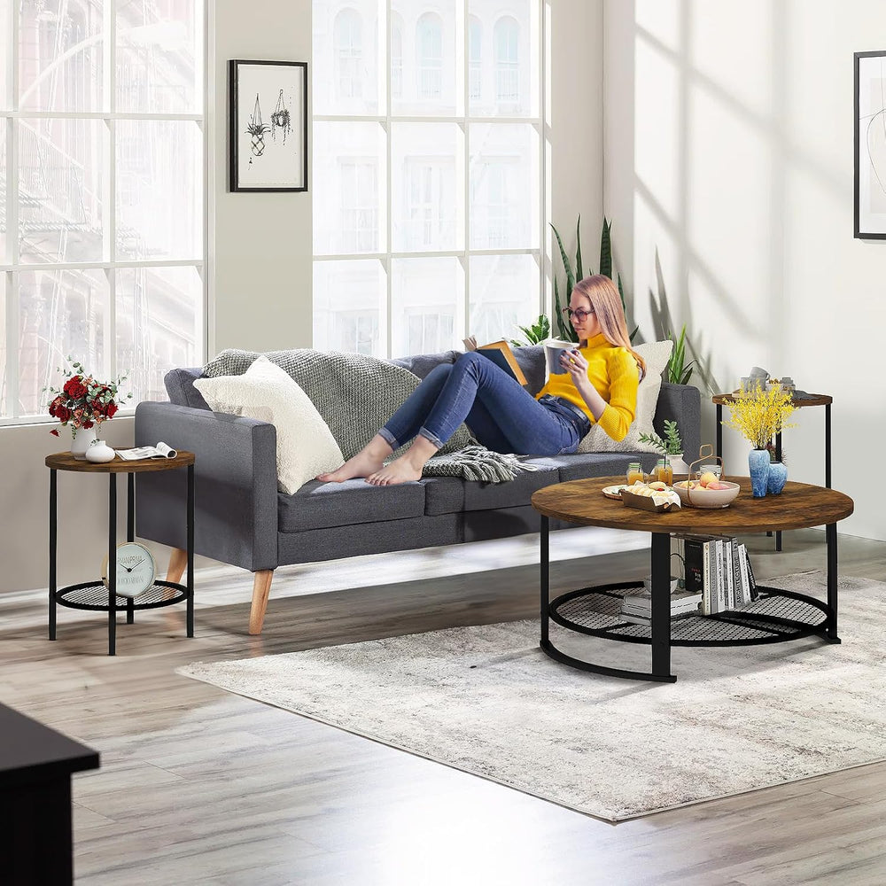 Recaceik Round Coffee Table and End Table Set of 3 with Storage, Modern Vinta...