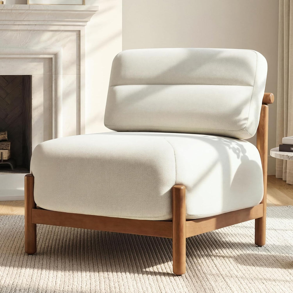Mid Century Modern Accent Chair, Upholstered Armless Lounge Chair with Wooden...