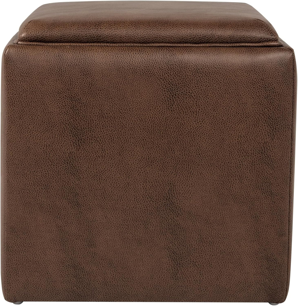 HomePop 17.5" Storage Ottoman with Tray Top - Brown Faux Leather
