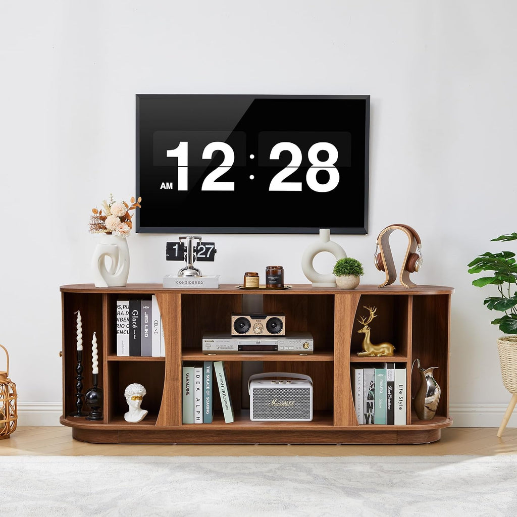 Turtle & Myrtle 63" Mid Century Modern TV Stand for Tvs up to 70", Fluted TV Media Console Table with Storage and Adjustable Shelves, Curved Edge Entertainment Center for Living Room (Brown)
