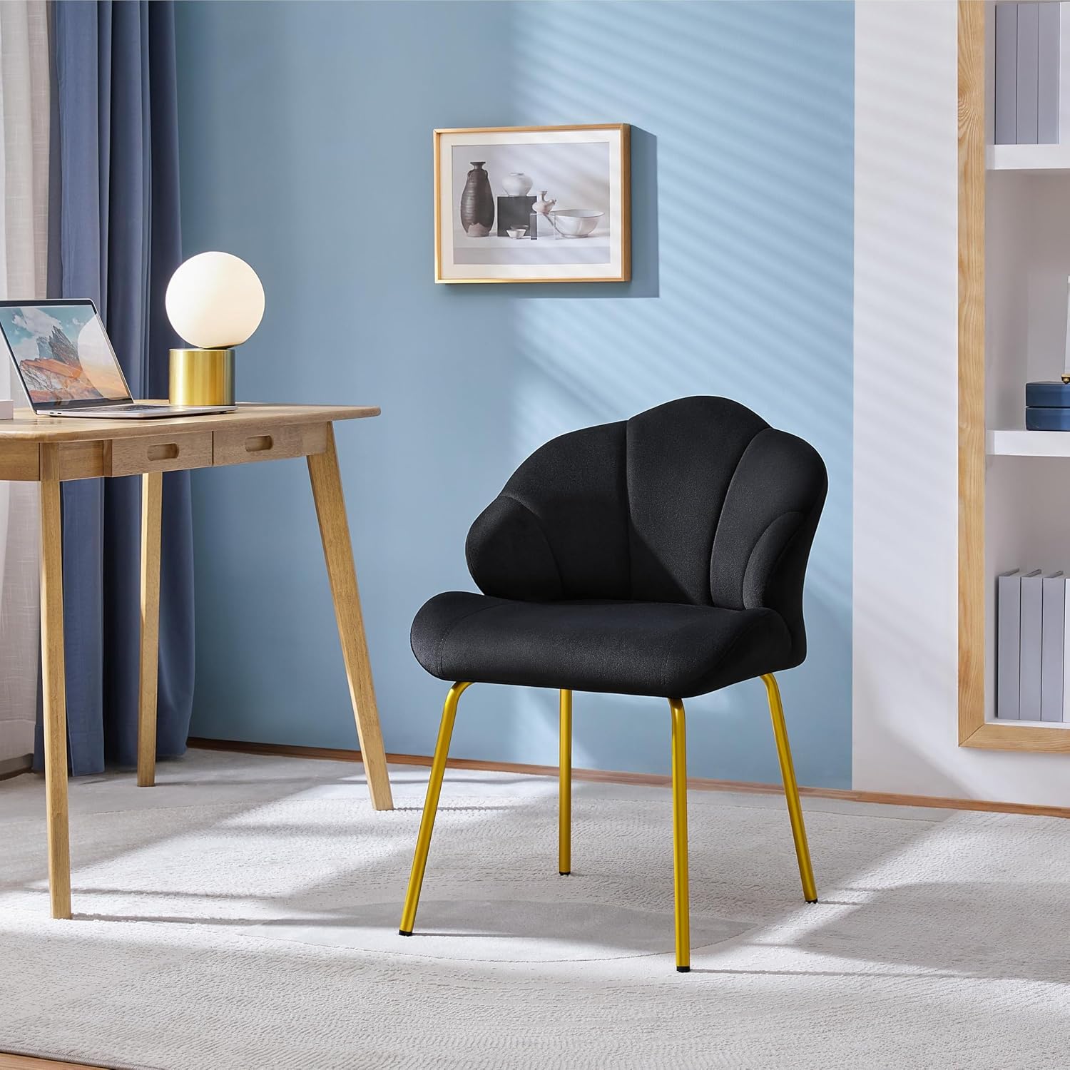 Yaheetech Flower Shape Vanity Chair with Petal Armrests, Black | Velvet Makeup Chair no Wheels with Golden Metal Legs, Modern Side Armchair with Back for Living Room/Bedroom/Home Office