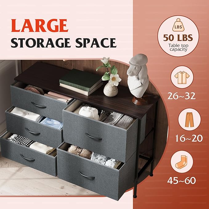 WLIVE Dresser for Bedroom with 5 Drawers, Wide Bedroom Dresser with Drawer Or...