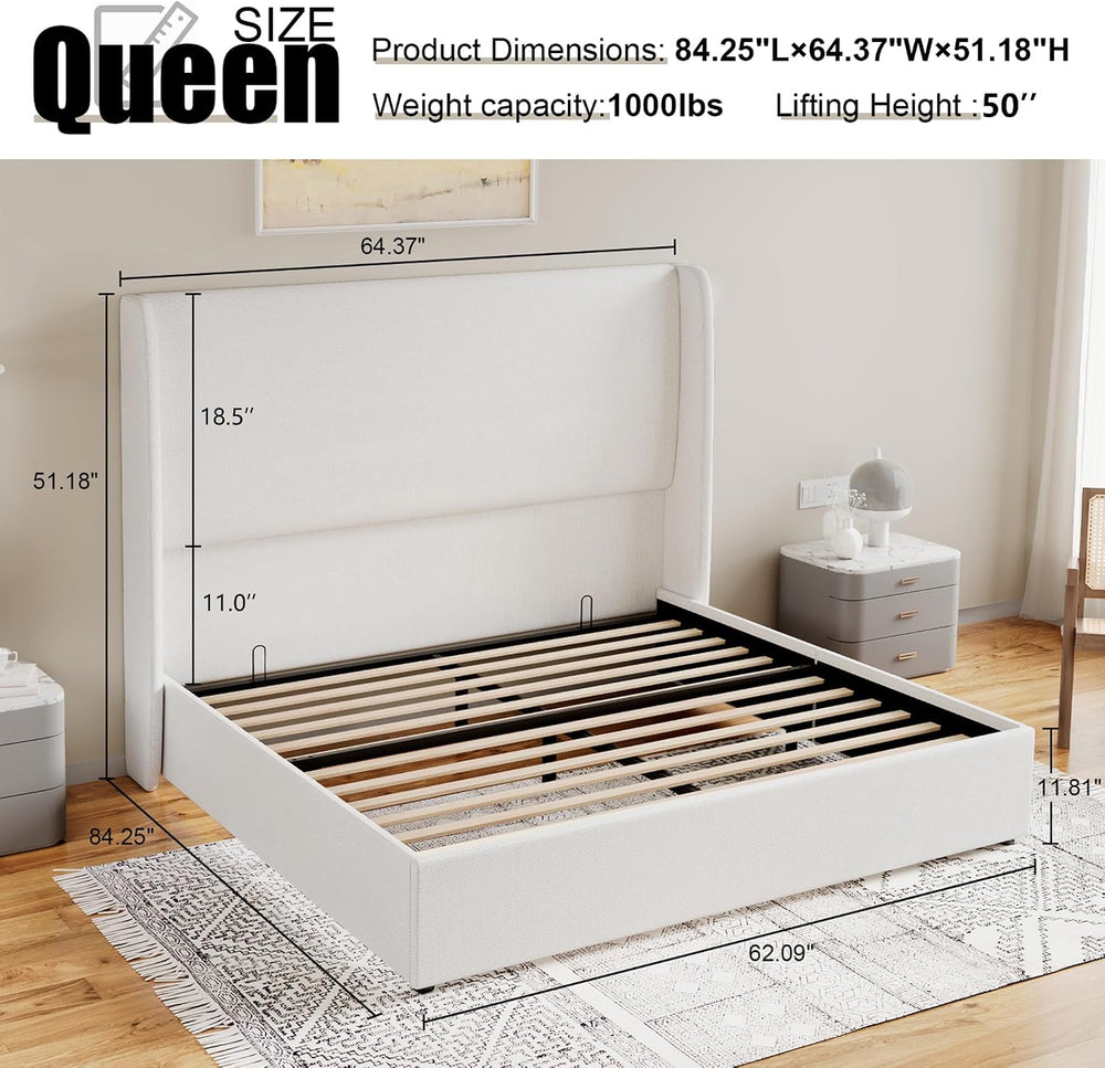 Jocisland Queen Lift Up Storage Bed Frame, Linen Wingback Headboard, White
