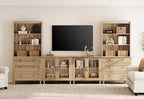WAMPAT Entertainment Center with Bookshelves with Glass Doors & Drawer, Farmhouse Wall Unit TV Stand for TVs up to 75", Media Console Table for Living Room, Bedroom & Home Theater, Oak