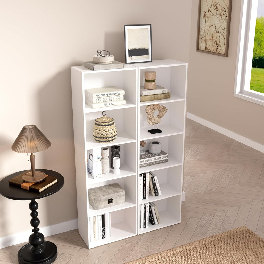 Wooden 5 Cube Storage Organizer, White 5 Tier Bookcase Bookshelf Freestanding Storage Display Organizer, Versatile Cubes Open Shelf and Cubby Unit for Living Room, Home Office, Dinning Room 15.7inch