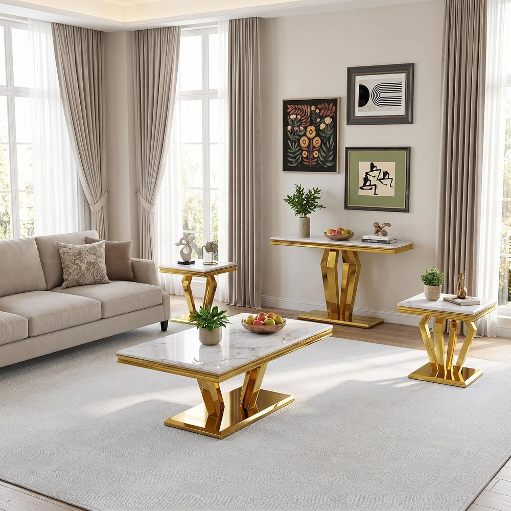 Asday White Coffee Table Set of 3, Gold Polished Geometric Metal Base | Luxur...