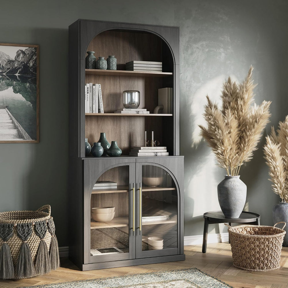 BELLEZE Glass Display Curio Cabinet, 72" Tall Modern Wood 6-Tier Shelf S...