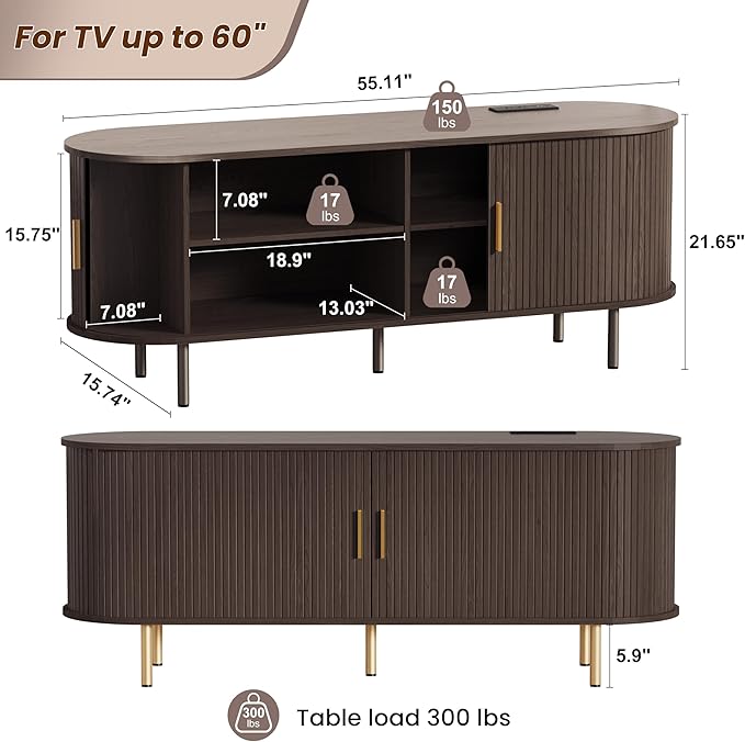 DHH 55 Inch Mid Century Modern TV Stand with Power Outlet for TVs up to 60 Inch, Entertainment Center with Storage and Adjustable Shelves, Media Console with Sliding Doors for Living Room(Brown)
