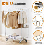 Heavy Duty Clothes Rack Load 620 Lbs, Double Rod Rolling Clothing Rack With Sturdy Wheel And Shelves，Adjustable Portable Hanging Rack For Clothes,Silver Stainless Steel