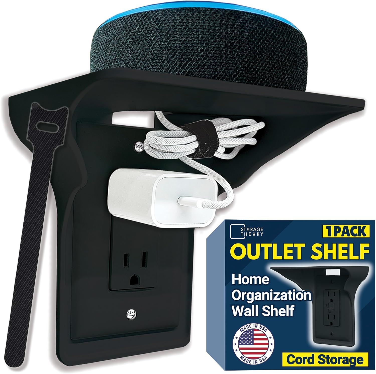 BeraTek Power Perch Wall Outlet Shelf with Cord Storage Strap - Declutter & Reclaim Bathroom Counter Space - Echo Dot Stand, Homepod Mini Wall Mount, Smart Home Devices Organizer - Black, 1-Pack