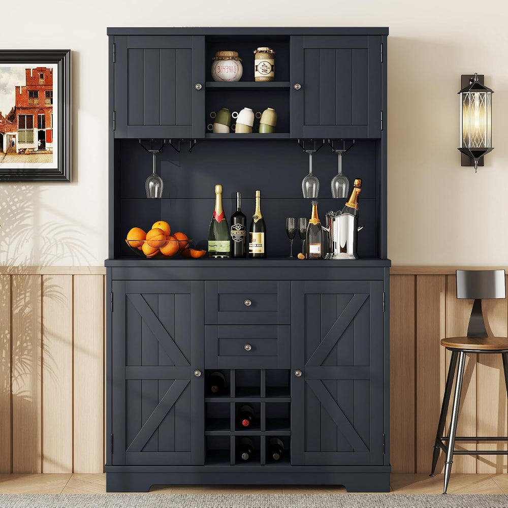 Coffee Bar Cabinet with Storage, 9-Grid Wine Rack & Drawers, Farmhouse Ki...