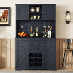 Coffee Bar Cabinet with Storage, 9-Grid Wine Rack & Drawers, Farmhouse Kitchen Buffet with Glass Hooks for Dining Room, Living Room, Kitchen (Blue, 73")