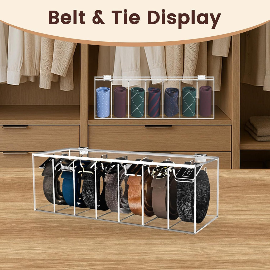 Acrylic Belt Organizer with Flap Dust Cover – 7-Compartment Clear Storage Case for Belts, Ties & Bow Ties | Closet & Drawer Display Holder for Men & Women