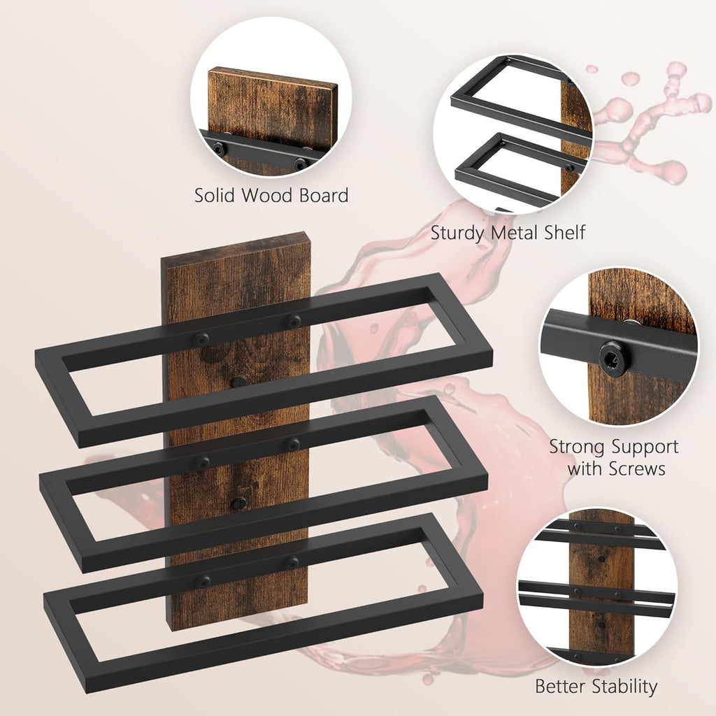 Hoctieon 3 Tier Wall Mount Wine Rack Set (9 Bottles), Wall Mounted Wine Bottle Rack for Display and Storage, Hanging Bottle Holder, for Living Room, Dining Room,Bar,Wine Cellar,Rustic Brown