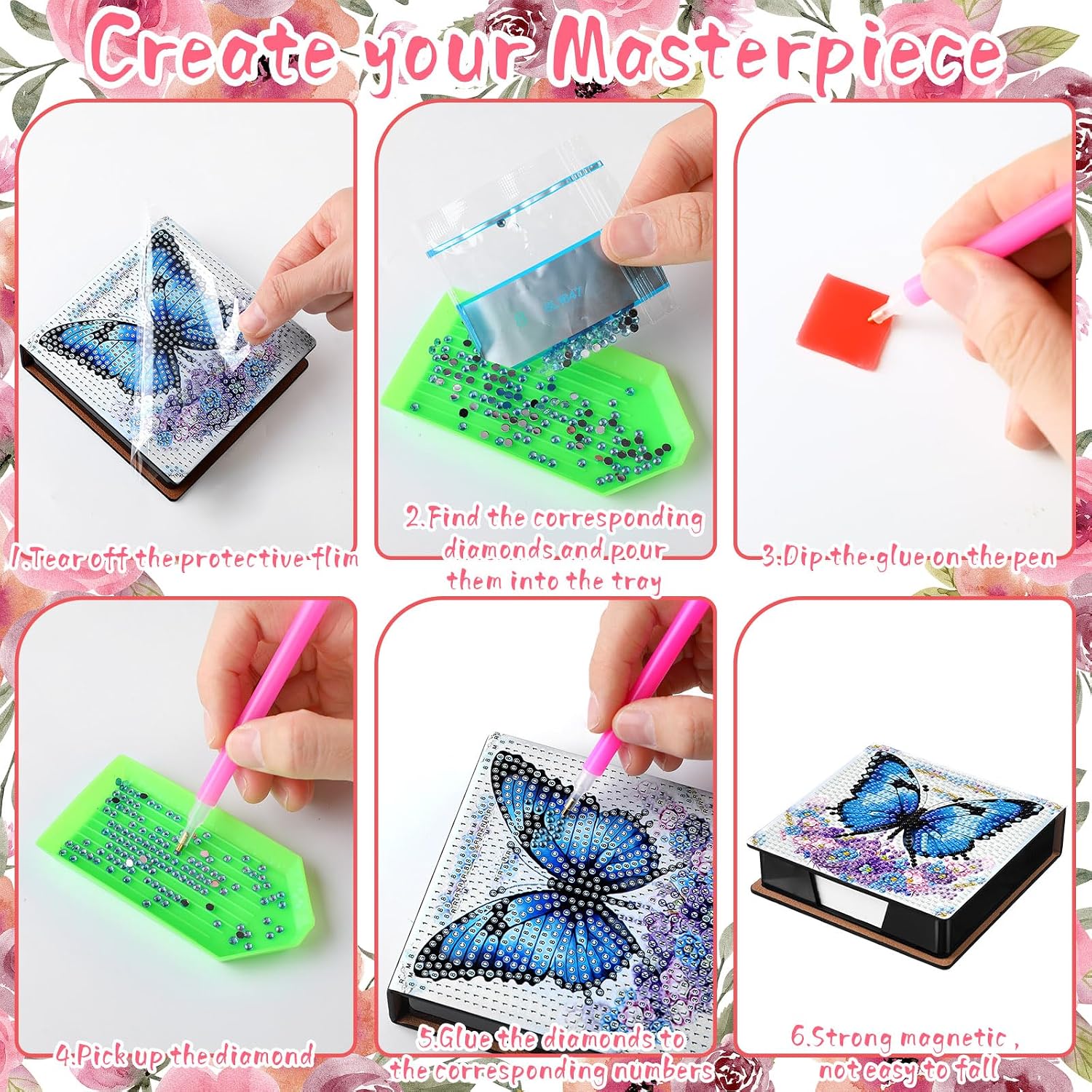 Saillong 4 Pcs Butterfly Diamond Painting Note Box Kit Flower Sticky Note Holders DIY Diamonds Art Storage Box with 160 Sticky Notes Painting Memo Pad for Office Supplies Desk Gifts