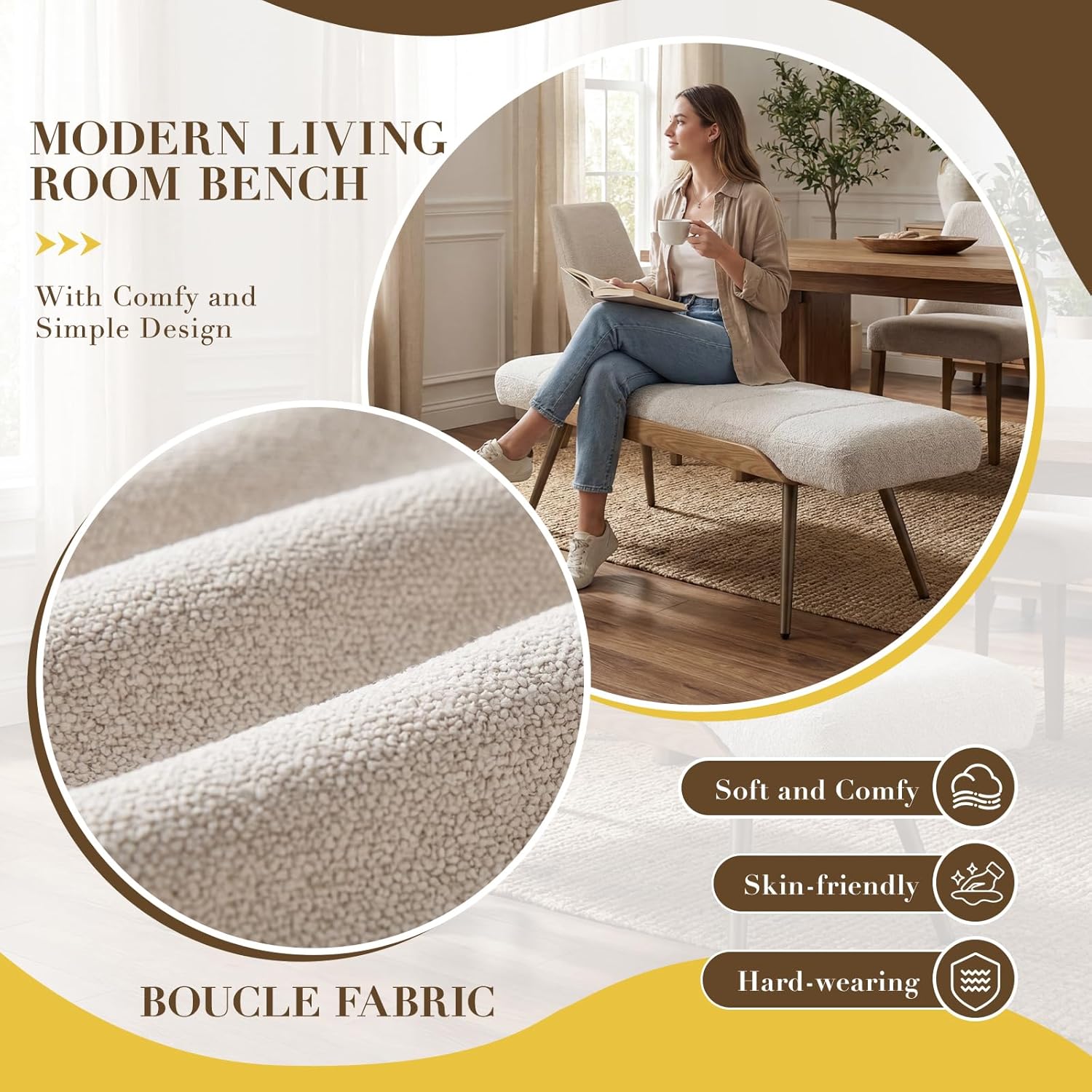 EALSON Modern Ottoman Bench, Upholstered Boucle Fabric Entryway Bench with Metal Legs, 49.5” Cozy Dining Bench for Bedroom Living Room, Beige
